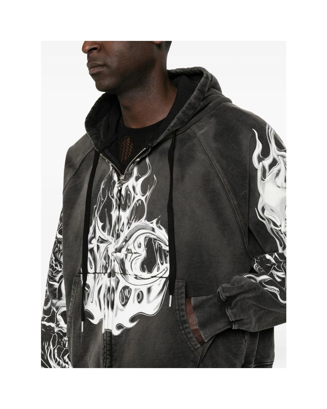 THUG CLUB Black Graphic-Print Zip-Up Hoodie for men