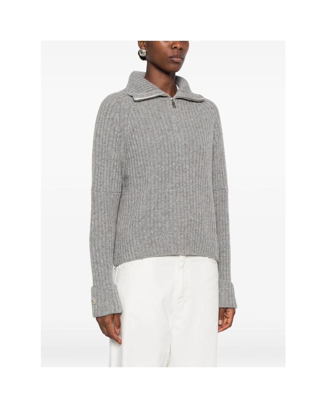 LA PISCINE Gray Ribbed-Knit Zip-Neck Sweater