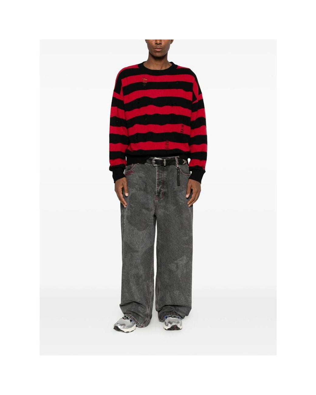 DAGGER Red Distressed Striped Sweater for men