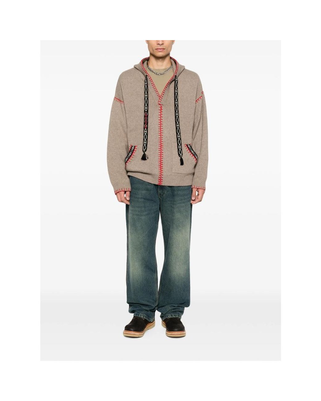 BAZISZT Brown Kafti Embroidered-Stitch Drawstring Hoodie for men