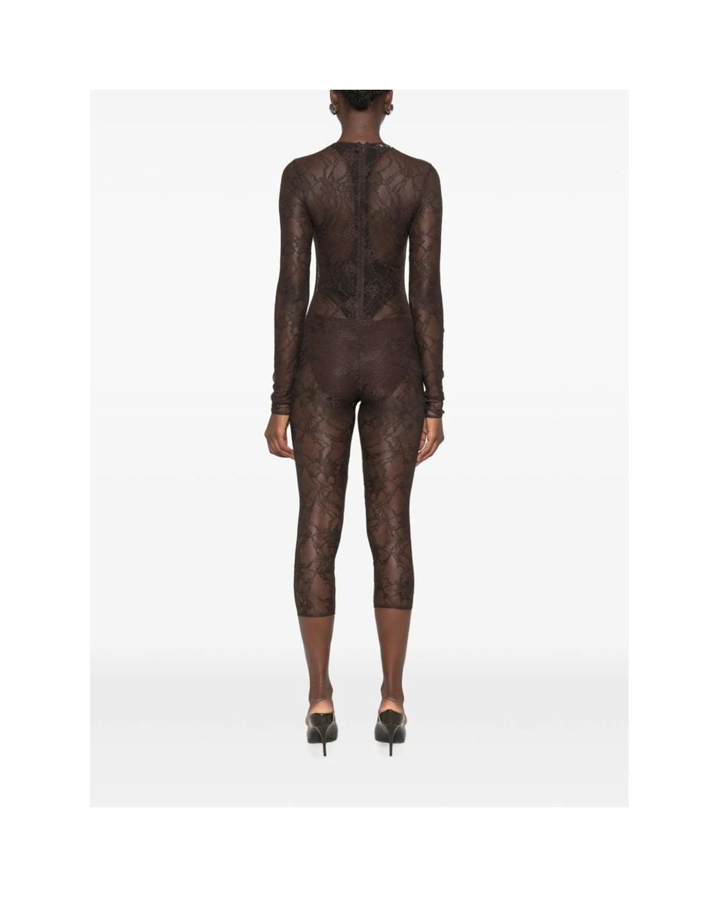 ANDAMANE Brown Sheila Lace-Pattern Long-Sleeve Jumpsuit