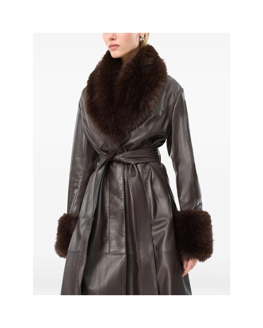 ROTATE BIRGER CHRISTENSEN Black Faux-Fur Collar Leather Coat