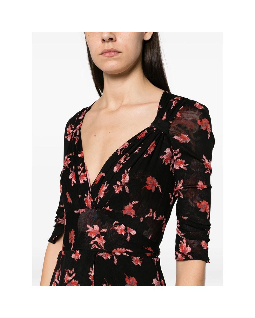 Diane von Furstenberg Black Carmen Floral-Print Ruched-Sleeve Midi Dress