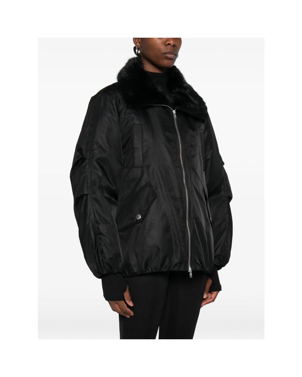 STAND Black Faux-Fur Collar Bomber Jacket