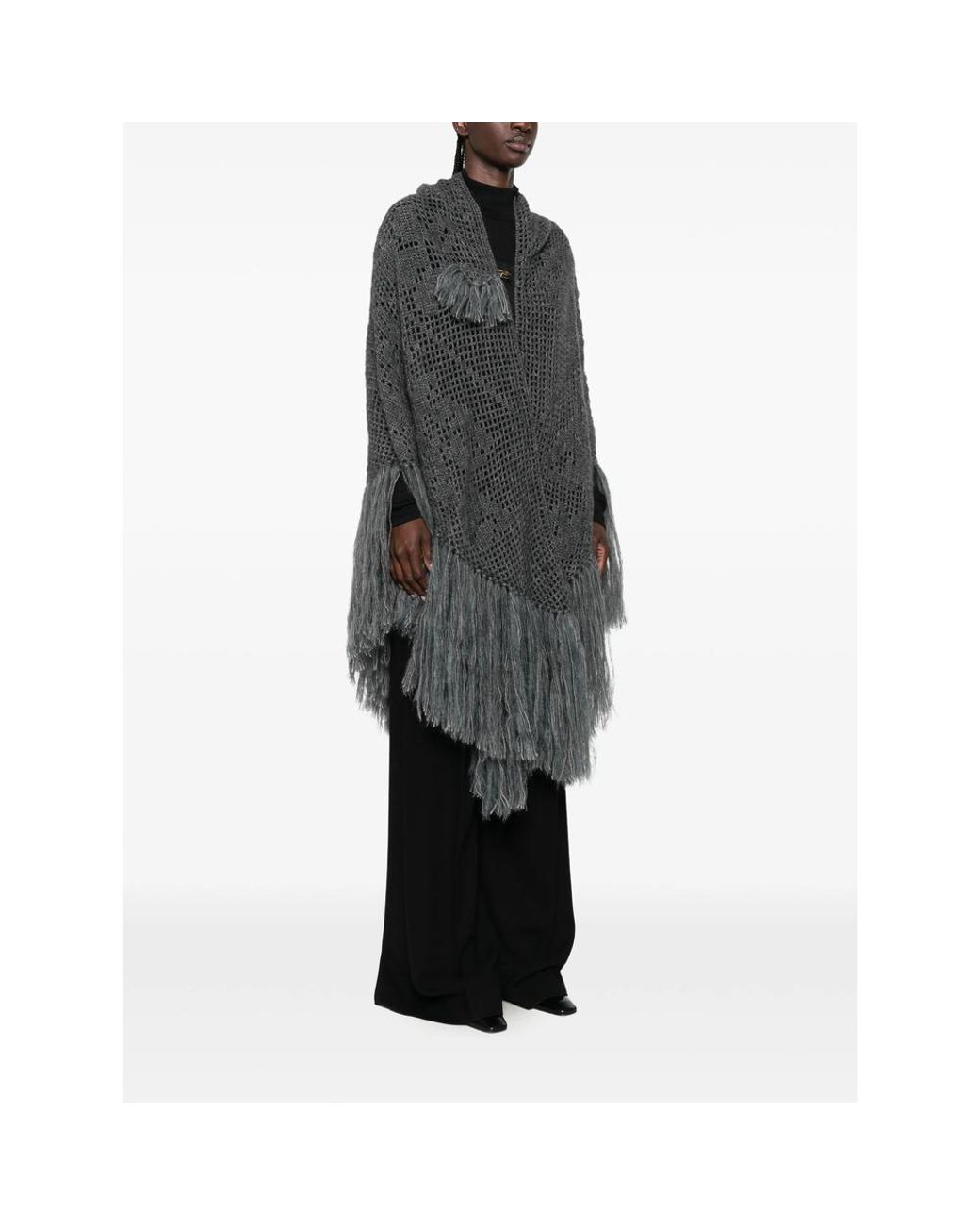 Chiara Is Gray Scialle Coperta Peonia Fringe-Trimmed Crochet Poncho