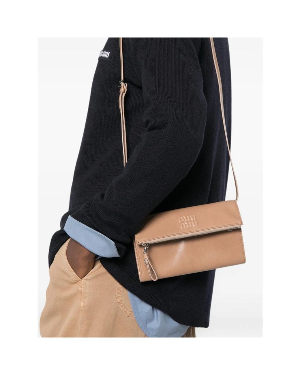 Miu Miu Natural Logo-Embossed Leather Cross Body Bag