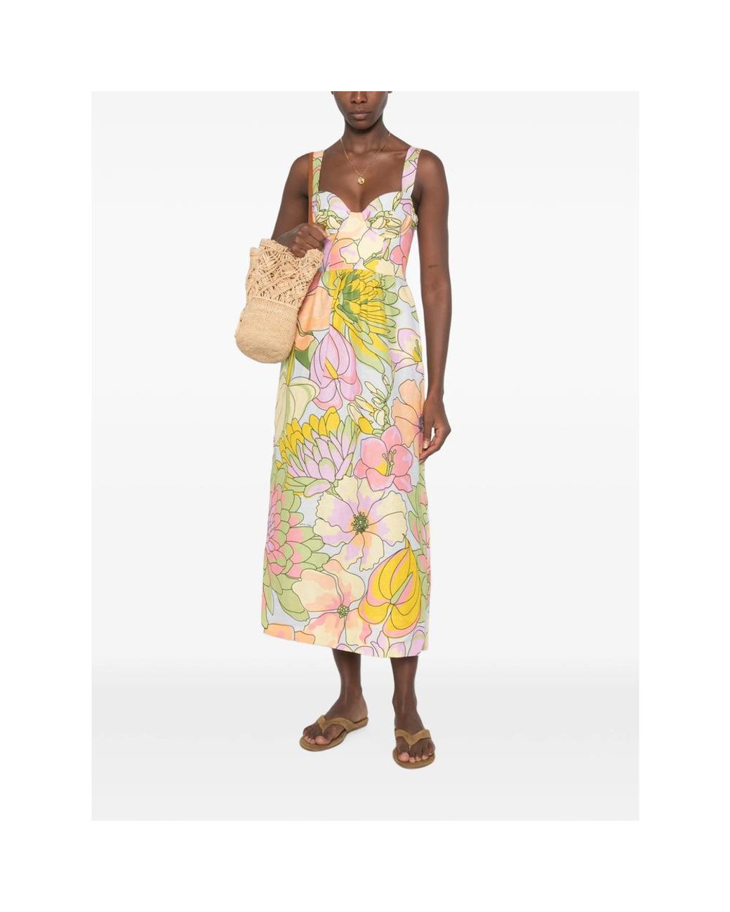 Farm Rio Yellow Spring Affair Floral-Print Sweetheart-Neck Midi Dress