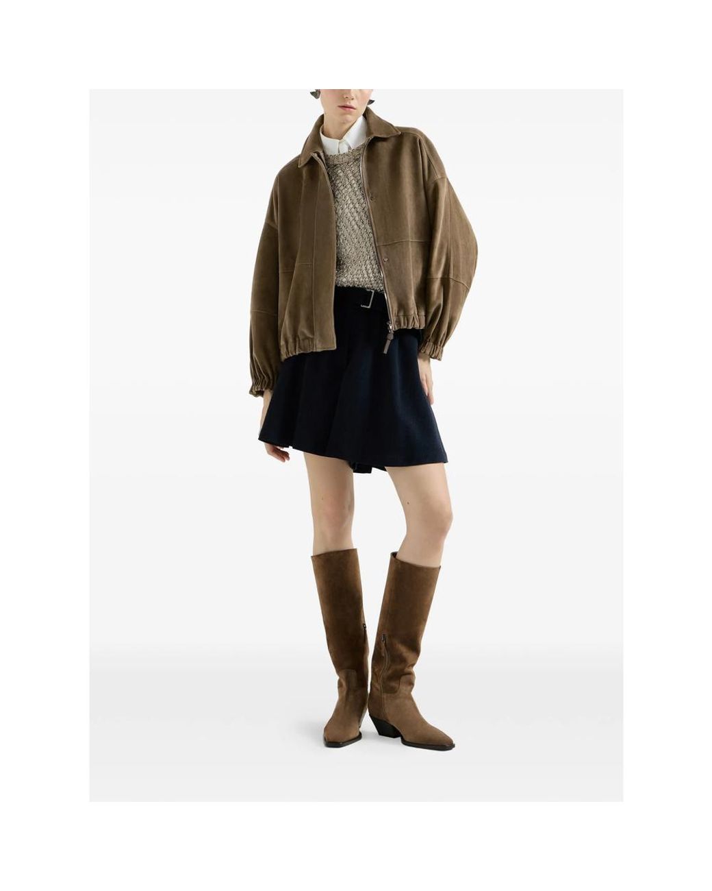 Brunello Cucinelli Green Couture Suede Outerwear Jacket With Shiny Zipper Pull