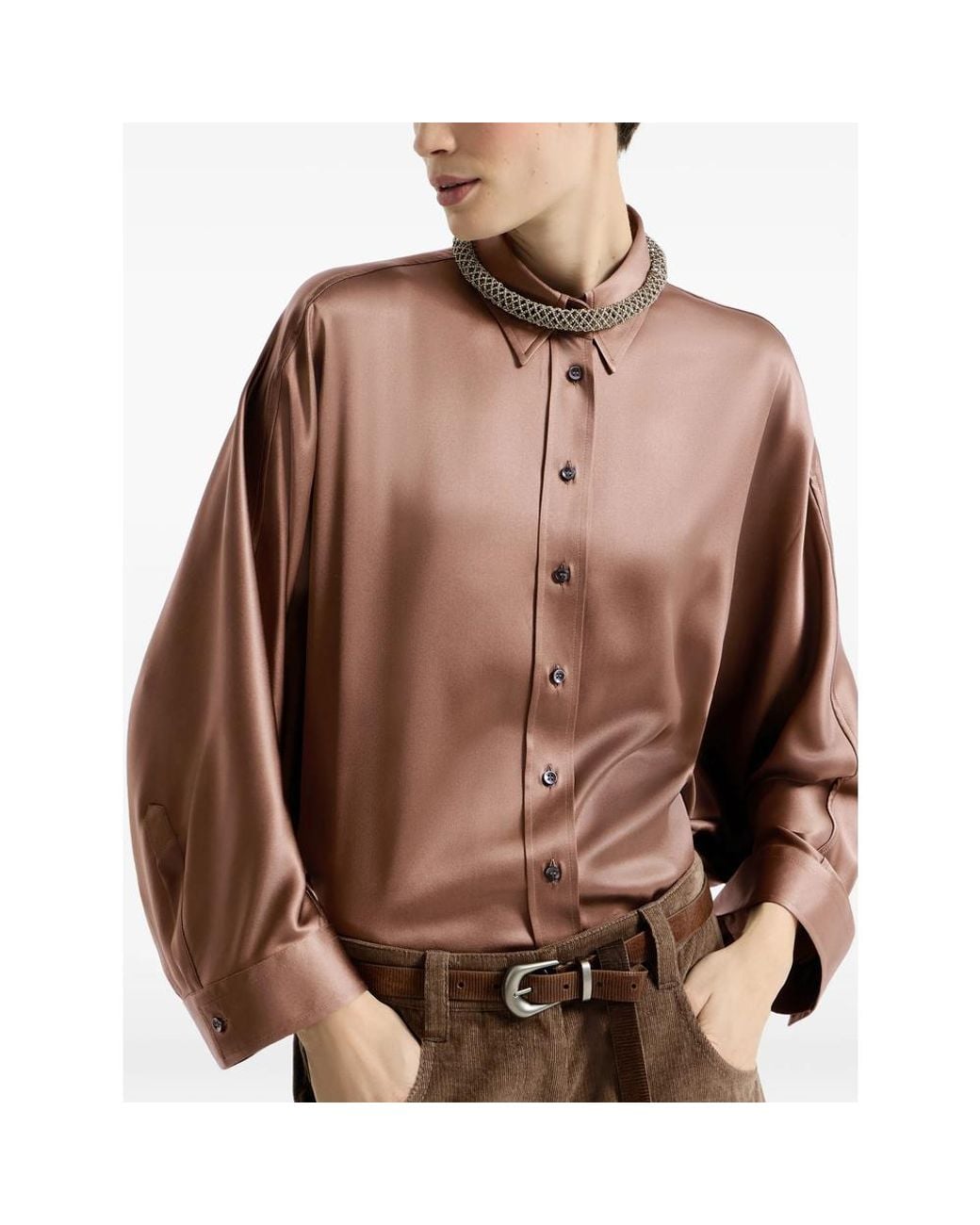 Brunello Cucinelli Brown Stretch Silk Satin Shirt
