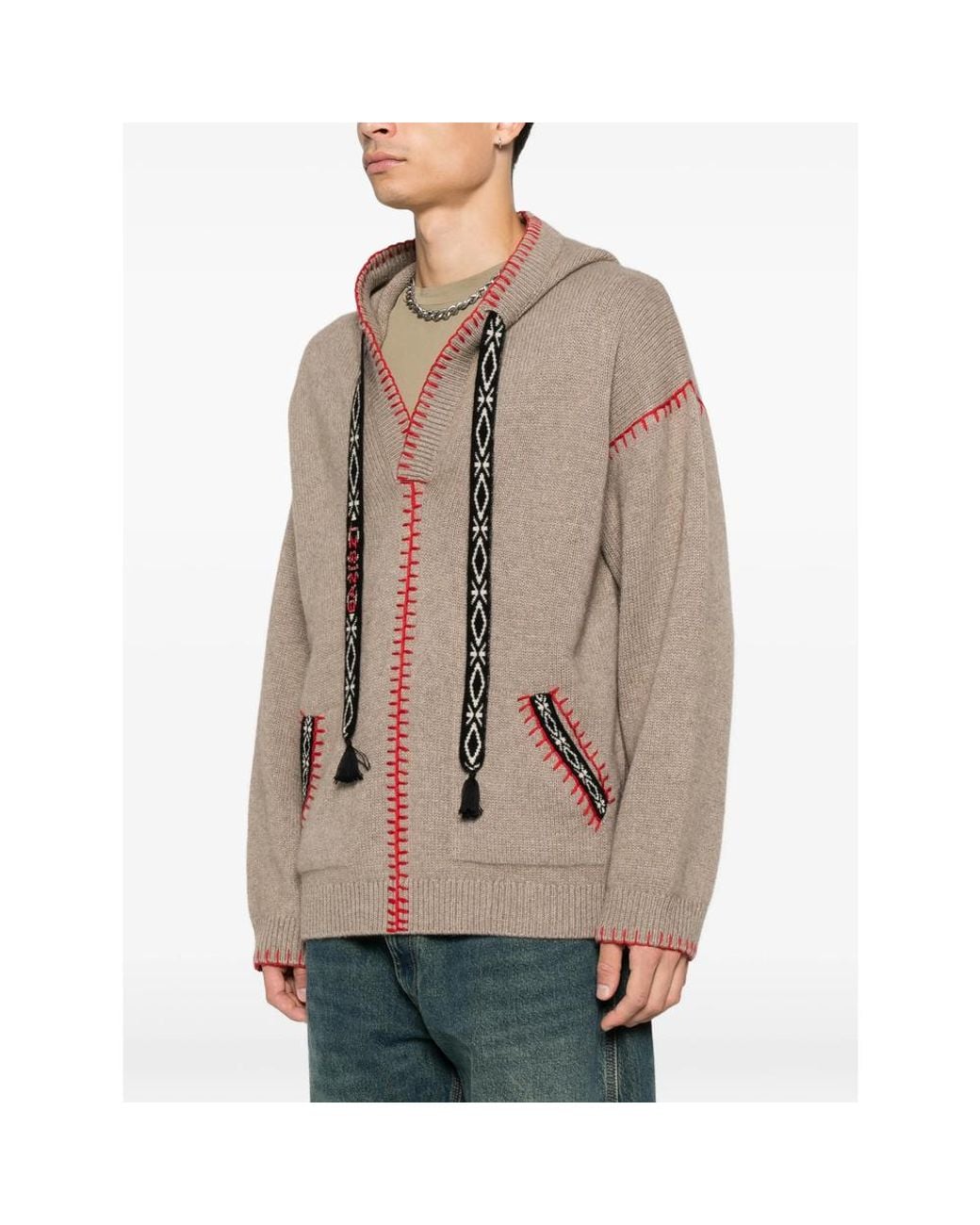 BAZISZT Brown Kafti Embroidered-Stitch Drawstring Hoodie for men