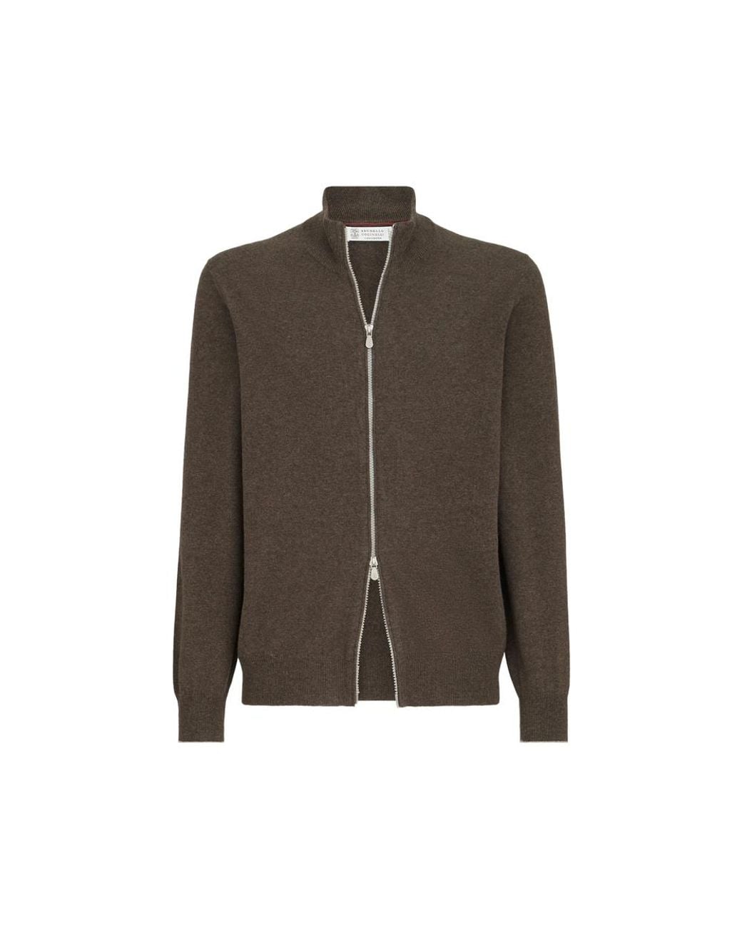 Brunello Cucinelli Brown Cashmere High-Neck Cardigan With Zipper for men