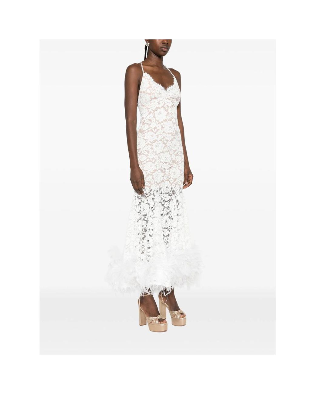 Self-Portrait White Feather-Trim Lace Midi Dress