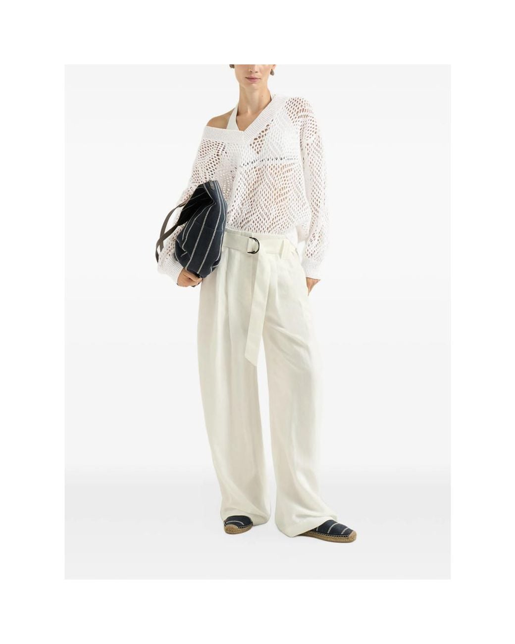 Brunello Cucinelli White Viscose And Linen Fluid Twill Belted Loose Trousers With Monili