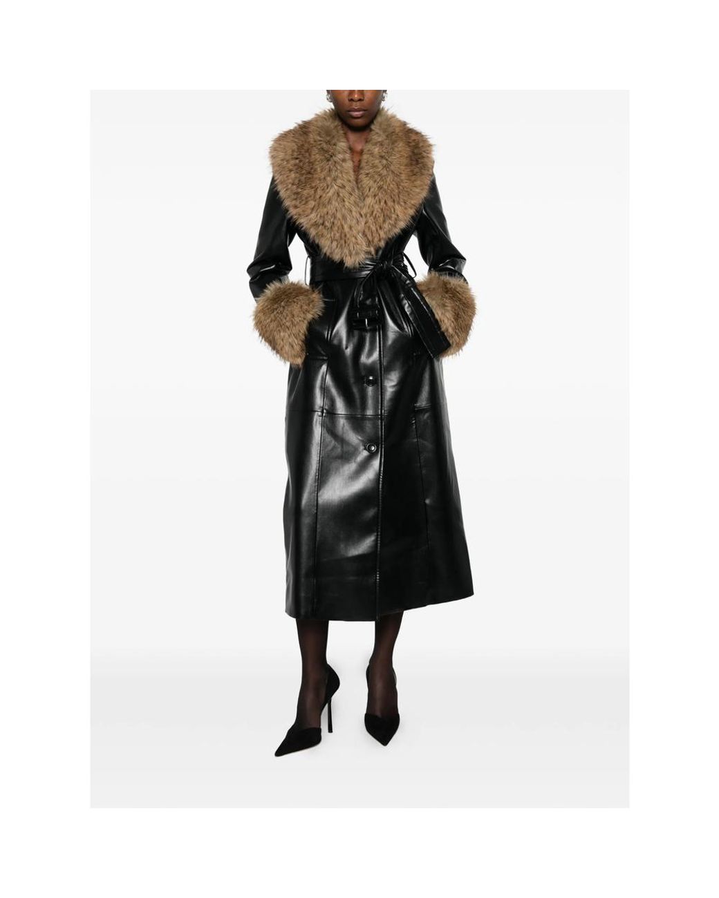 STAND Black Estella Faux-Fur Belted Coat