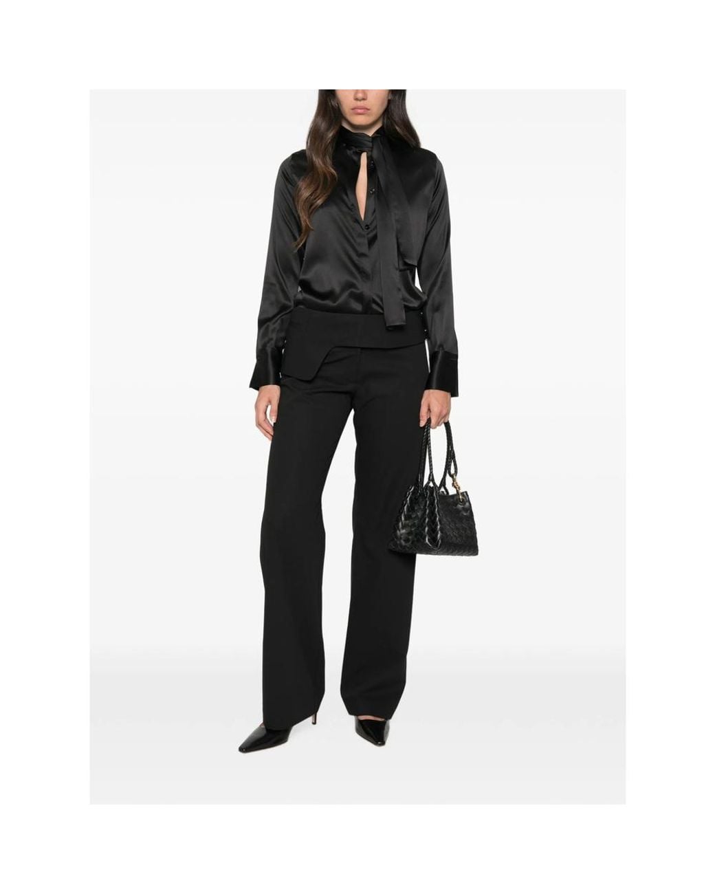 CAMICERIA MAZZARELLI Black Pussy-Bow Silk-Satin Blouse