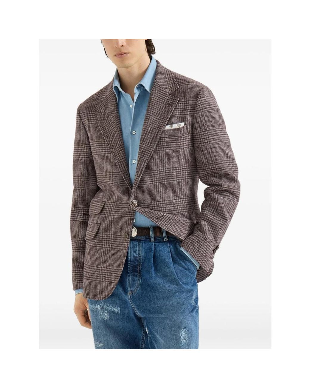 Brunello Cucinelli Brown Comfort Wool And Cashmere Prince Of Wales Flannel Deconstructed Cavallo Blazer for men