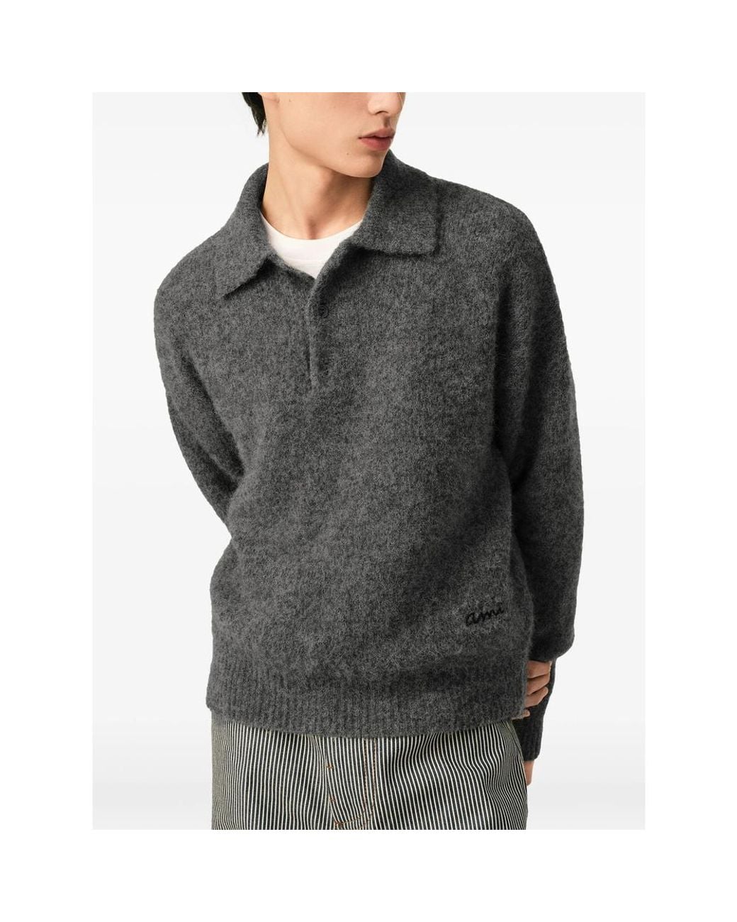 AMI Gray Wool And Alpaca Polo With Ami Embroidery for men