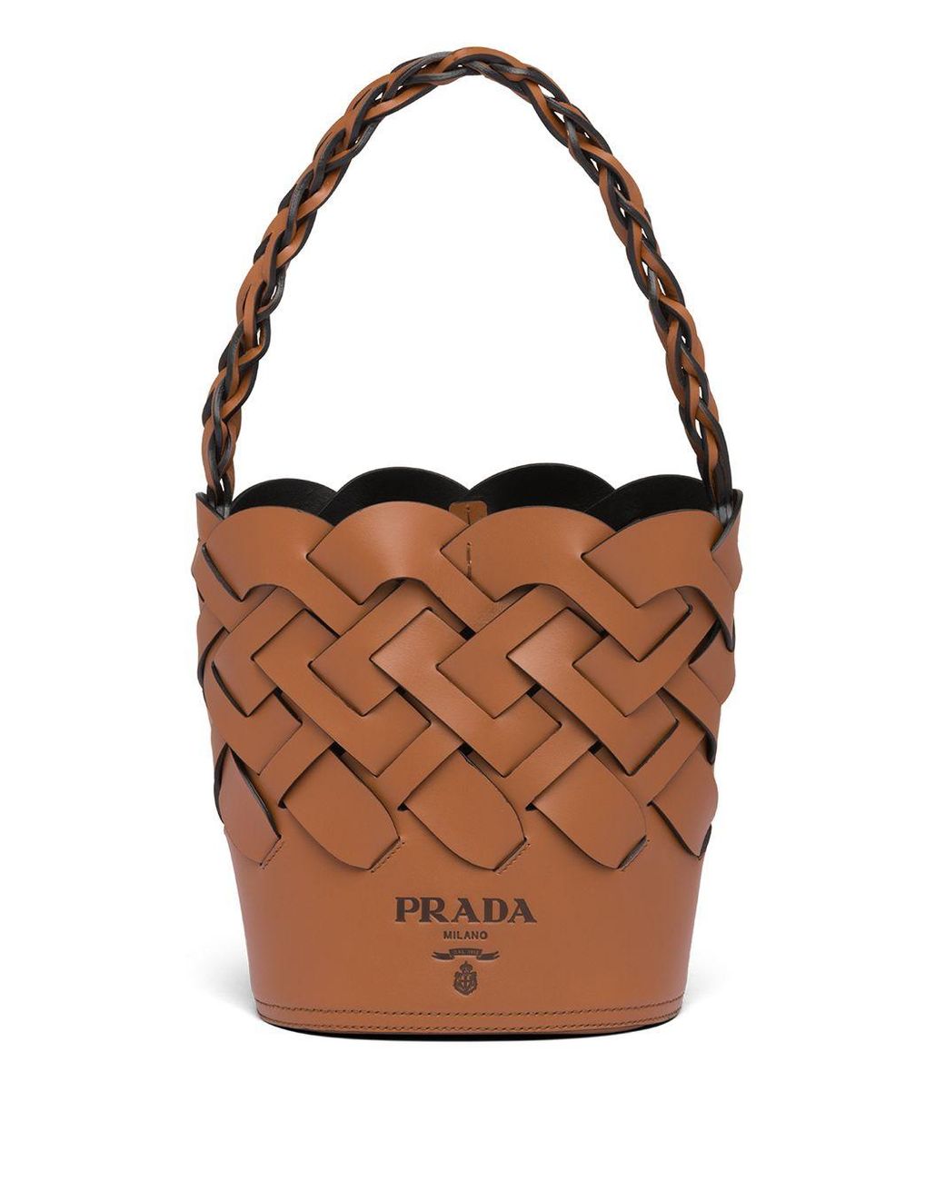 Prada Leather Woven Bucket Bag in Brown Lyst