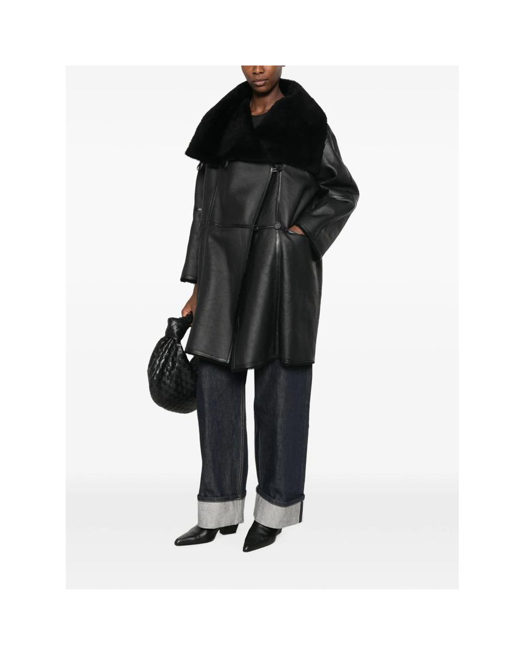 Emmeci Black Shearling-Collar Leather Coat