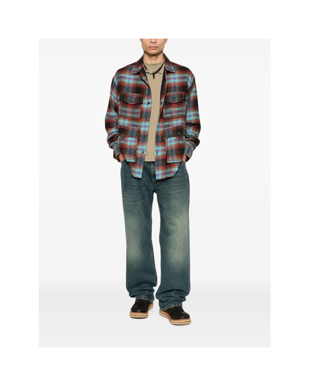 BAZISZT Black Jedi Stud-Embellished Checked Shirt for men