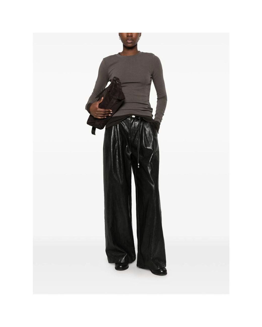 ELEH Black Pleated Leather Palazzo Pants