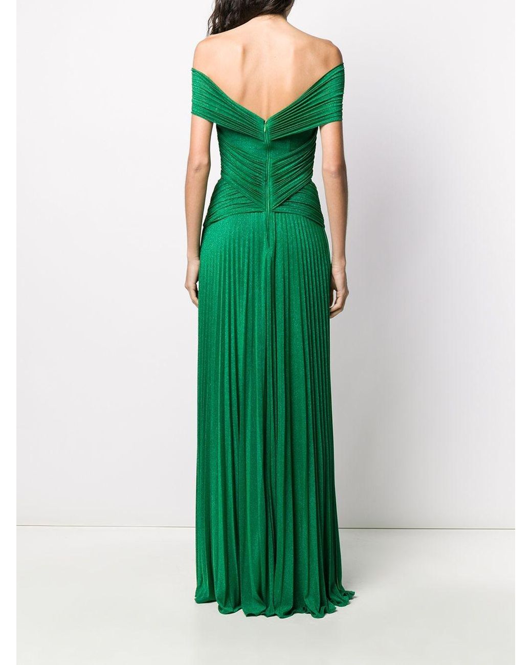 Elisabetta Franchi Off-shoulder Pleated Gown in Green | Lyst