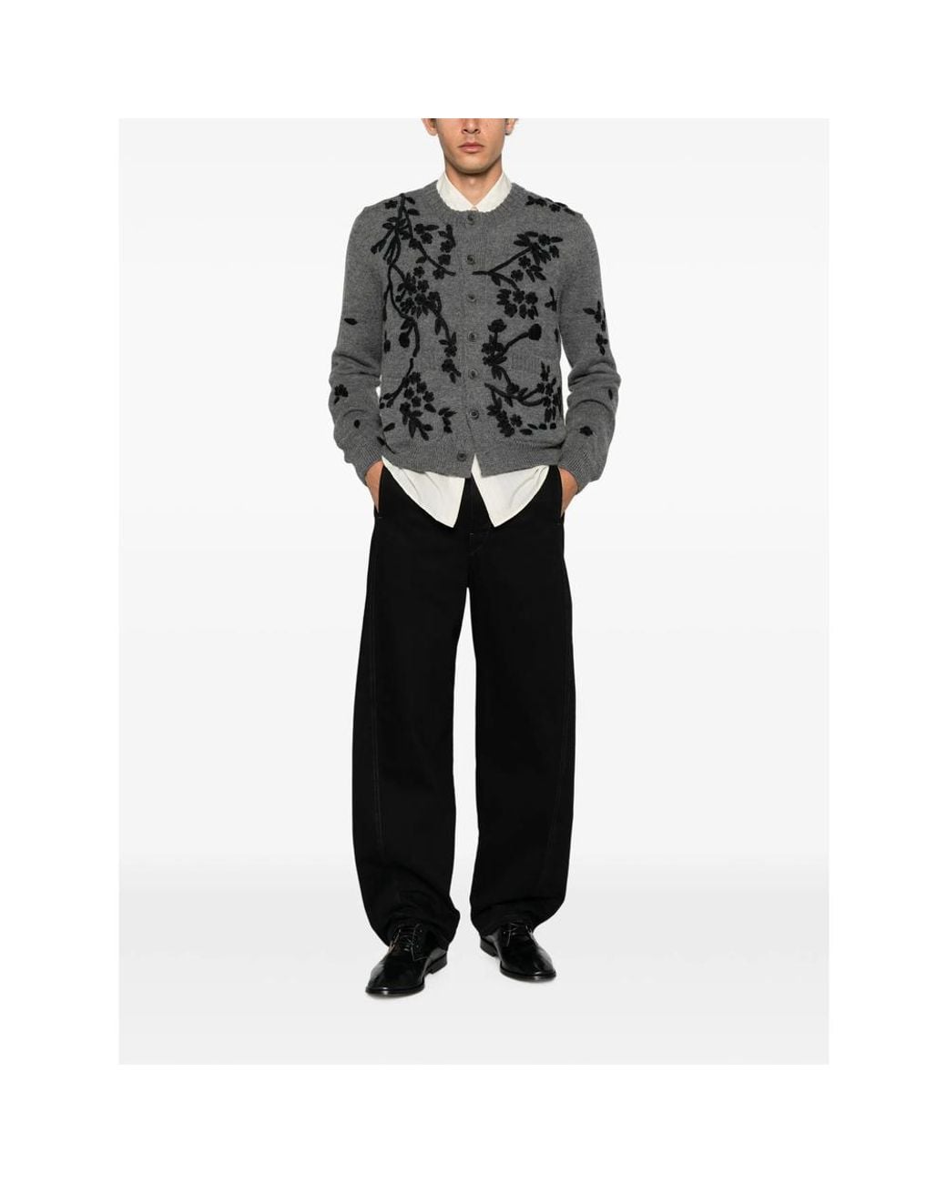 BAZISZT Gray Floral-Embroidered Cardigan for men