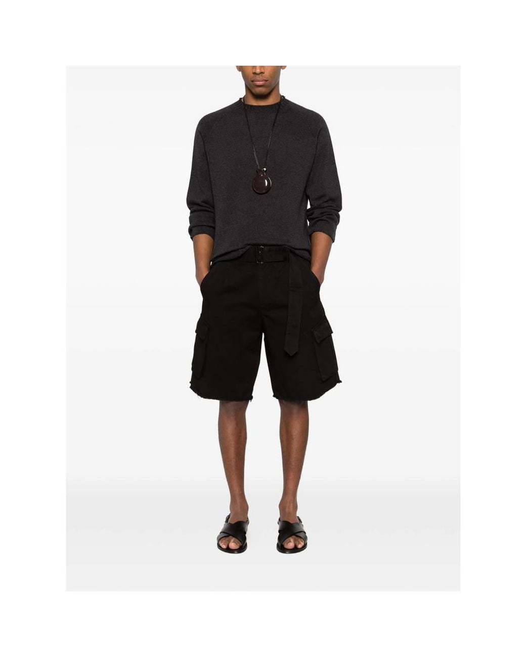 Laneus Black Belted Pocket Cargo Shorts for men