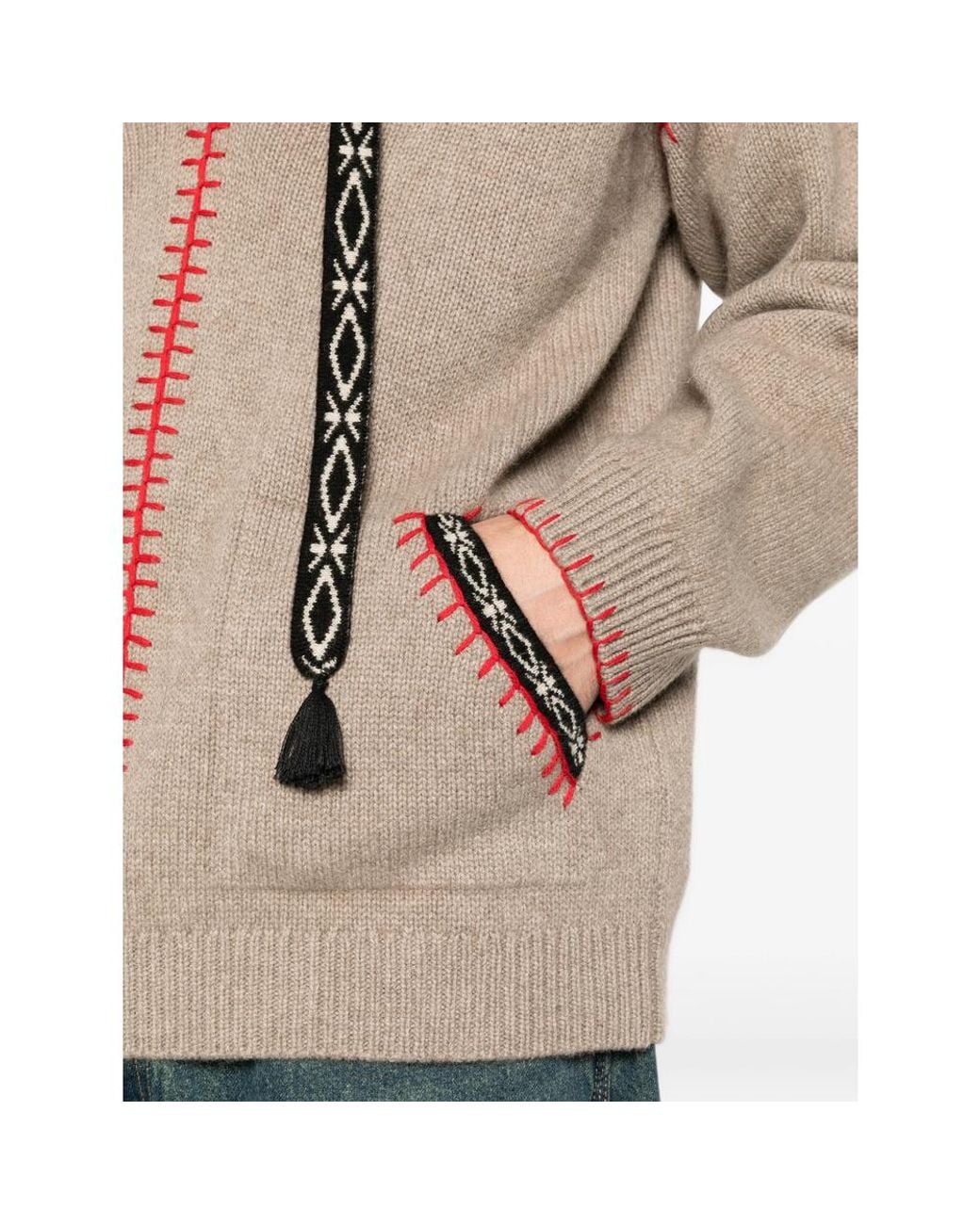 BAZISZT Brown Kafti Embroidered-Stitch Drawstring Hoodie for men