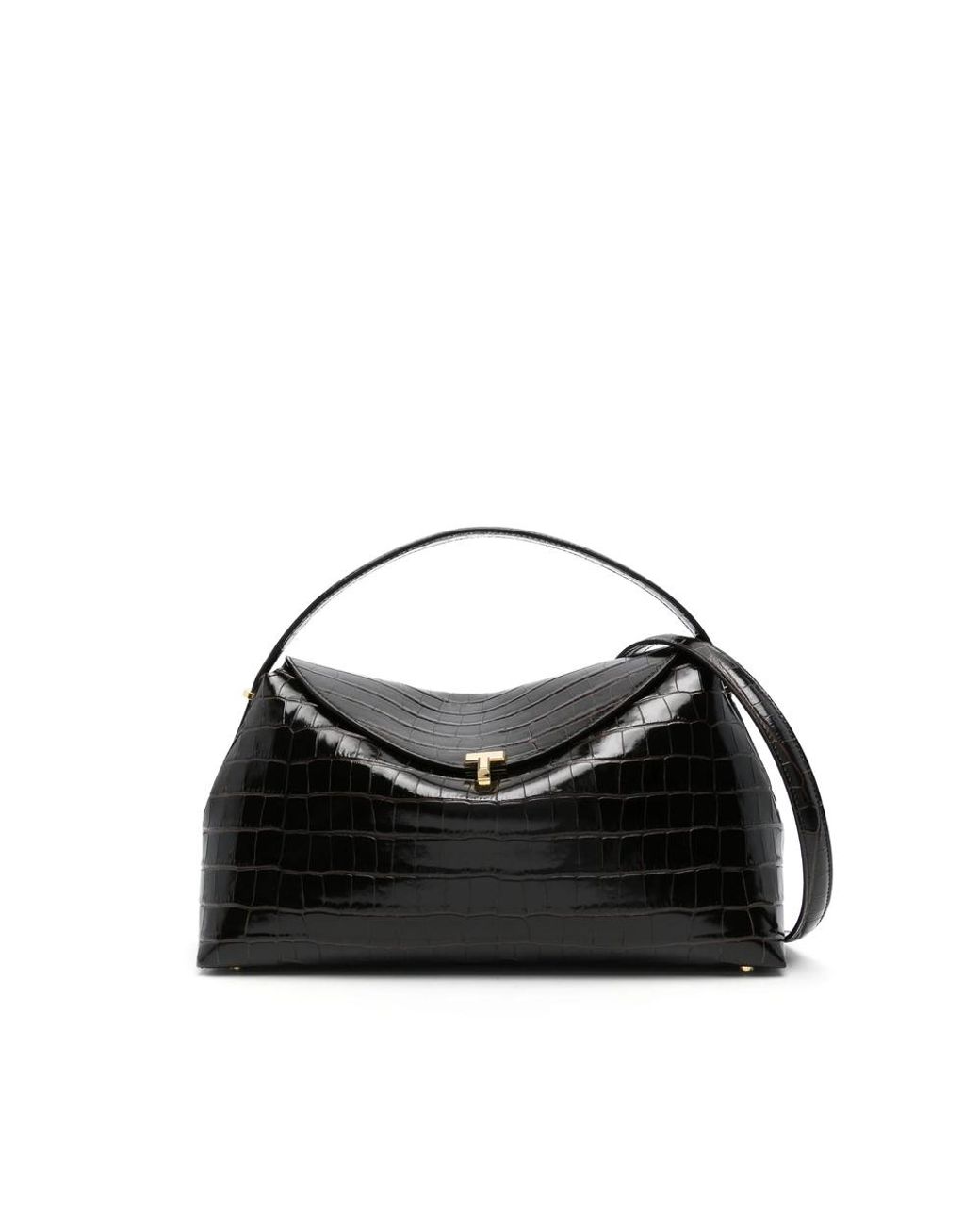 Totême Black T-Lock Croco-Embossed Top Handle Bag