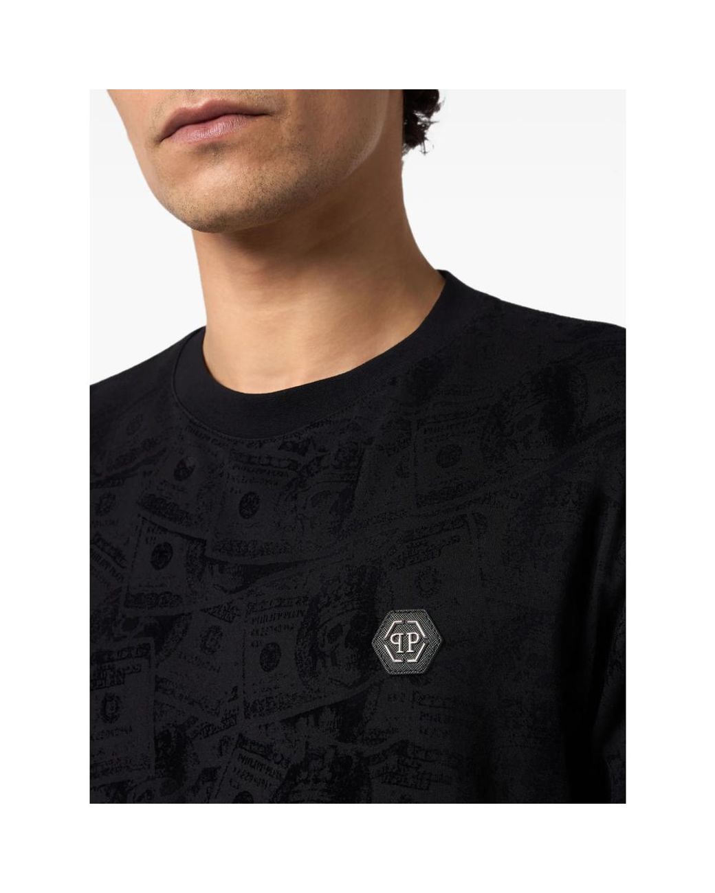 Philipp Plein Black Round Neck T-Shirt All-Over Dollar for men