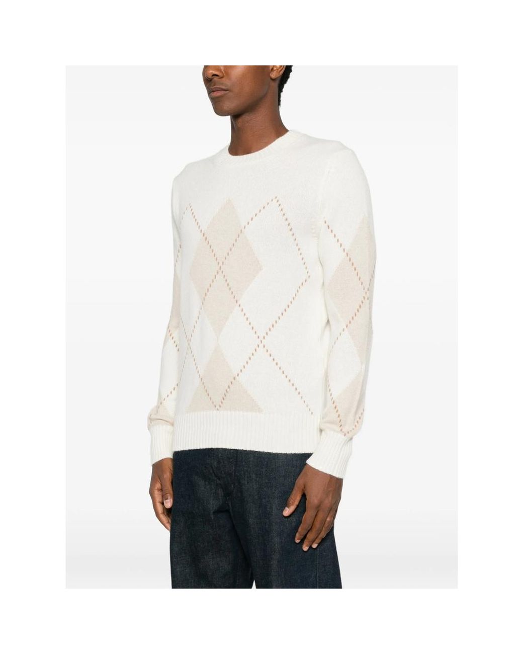 La Fileria White Argyle-Pattern Crew Neck Sweater for men