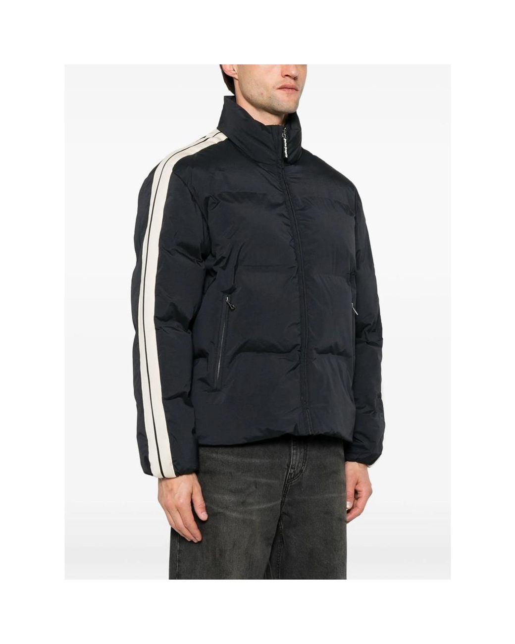 Palm Angels Black Logo-Print Side-Stripe Puffer Jacket for men