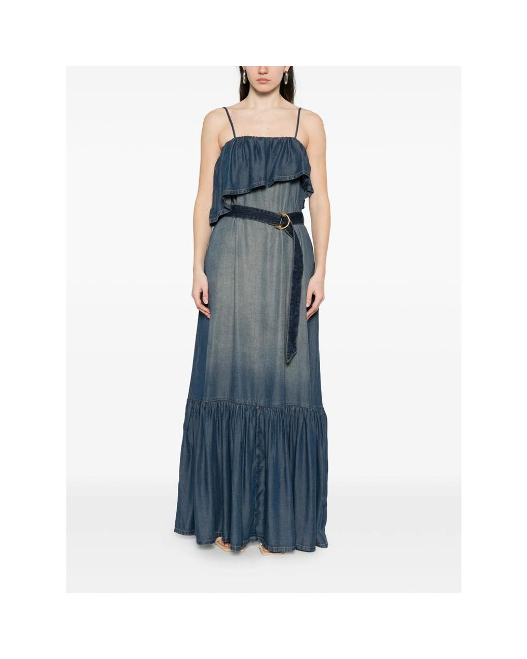 Pinko Blue Ruffled Belted Denim Maxi Dress