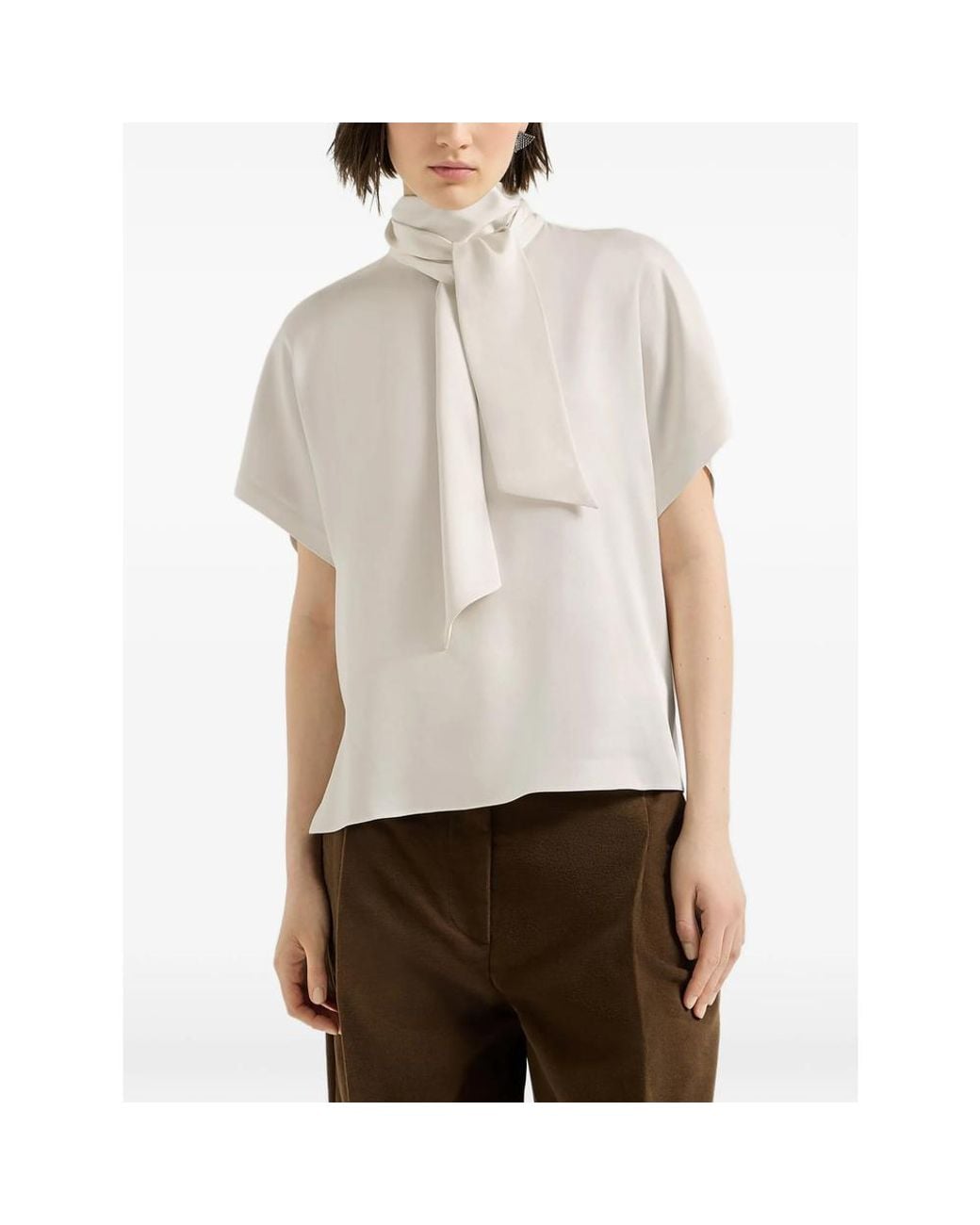 Brunello Cucinelli Natural Silk Satin High-Neck T-Shirt With Monili