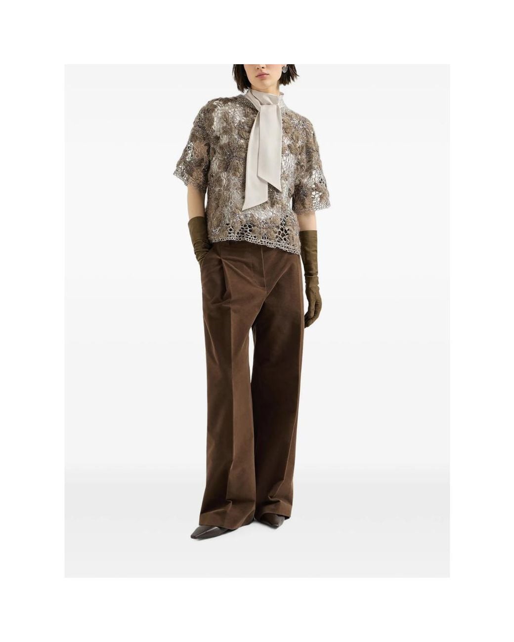Brunello Cucinelli Natural Silk Satin High-Neck T-Shirt With Monili
