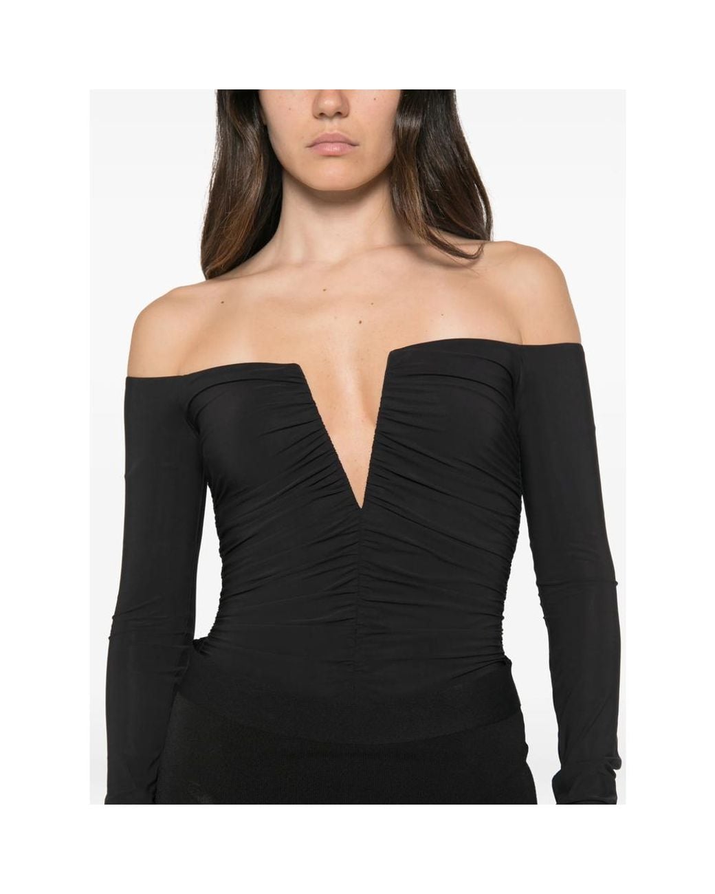 Amazuìn Black Alika Off-Shoulder Ruched Bodysuit
