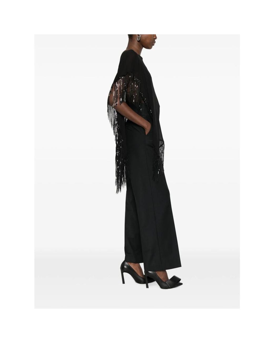 De Santis by Martin Alvarez Black Sequin-Embellished Fringed Cape