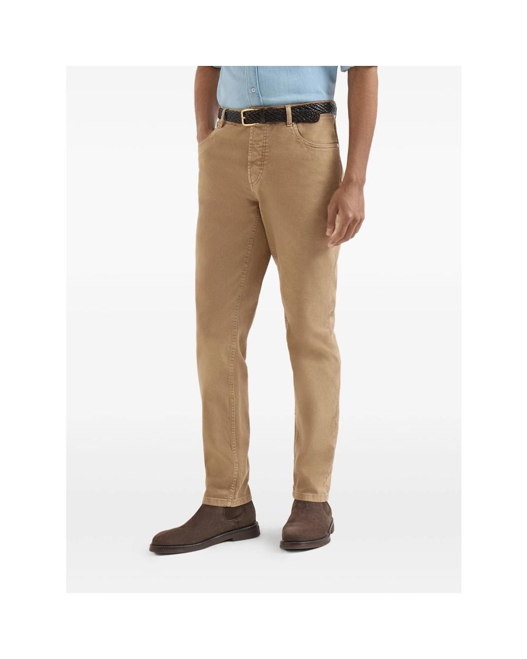 Brunello Cucinelli Natural Garment-Dyed Comfort Lightweight Denim Traditional Fit Five-Pocket Trousers for men