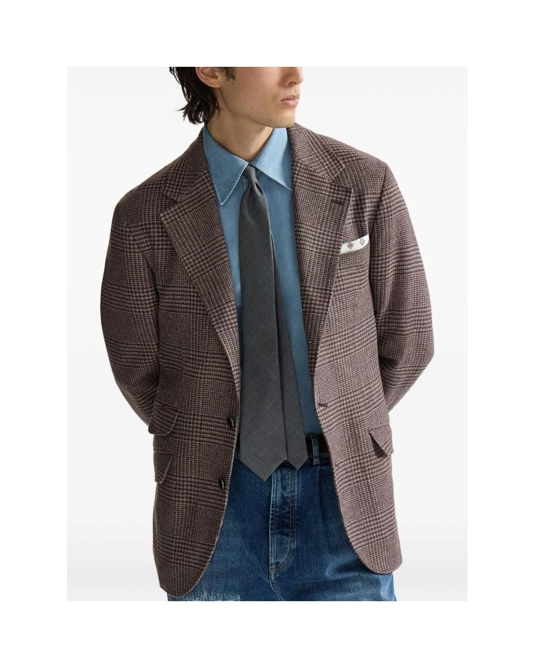 Brunello Cucinelli Brown Comfort Wool And Cashmere Prince Of Wales Flannel Deconstructed Cavallo Blazer for men