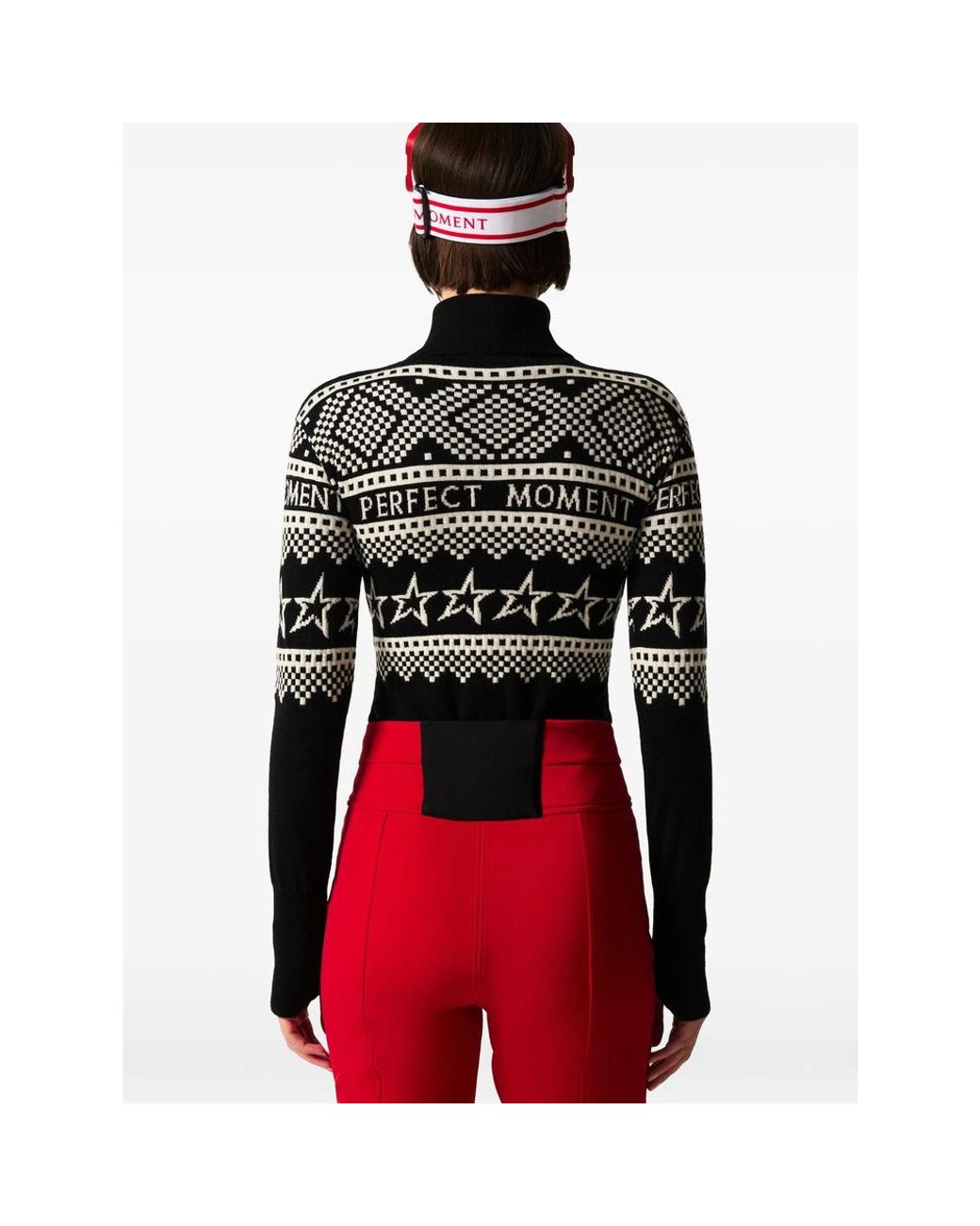 Perfect Moment Black Merino Wool Intarsia-Knit Mock-Neck Bodysuit With Partial Zip Closure And Long Sleeves