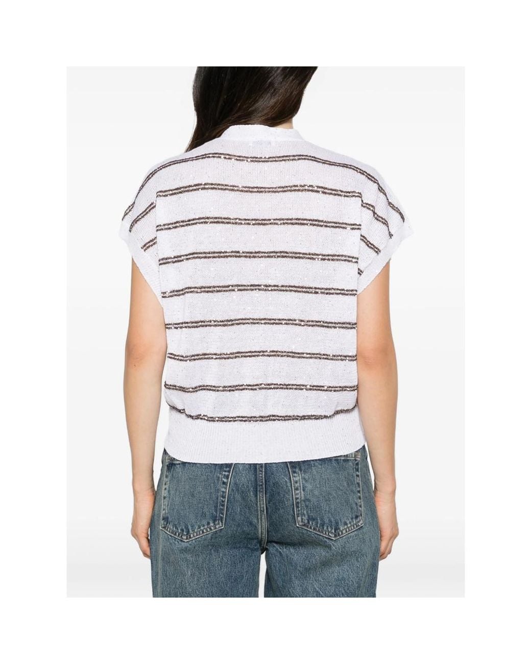 Brunello Cucinelli White Sequin-Embellished Striped Cardigan