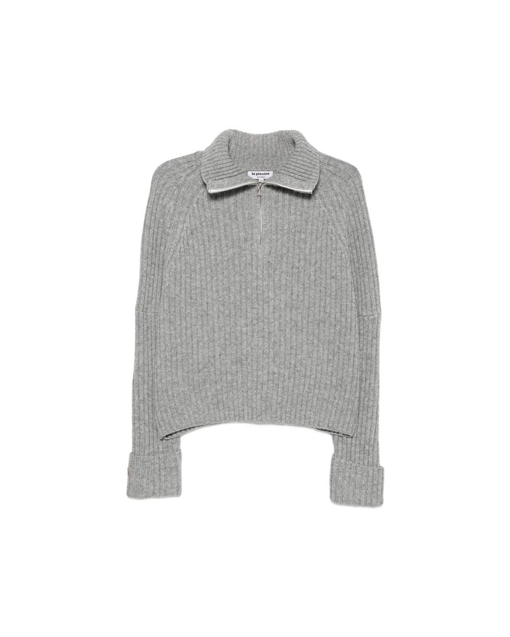 LA PISCINE Gray Ribbed-Knit Zip-Neck Sweater