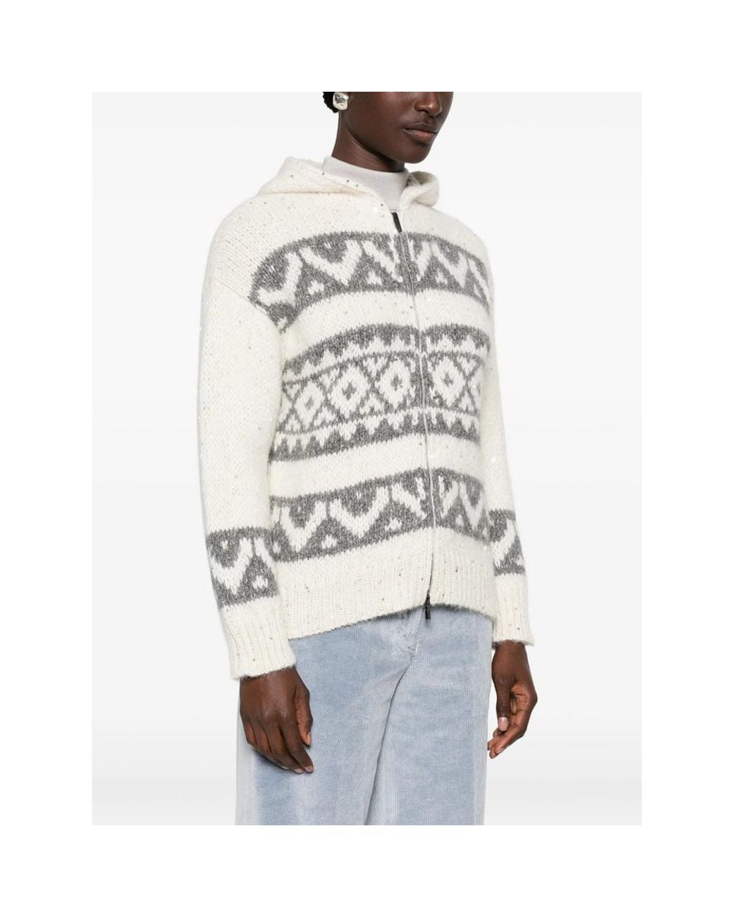 Peserico White Fair Isle-Knit Zip-Up Hoodie