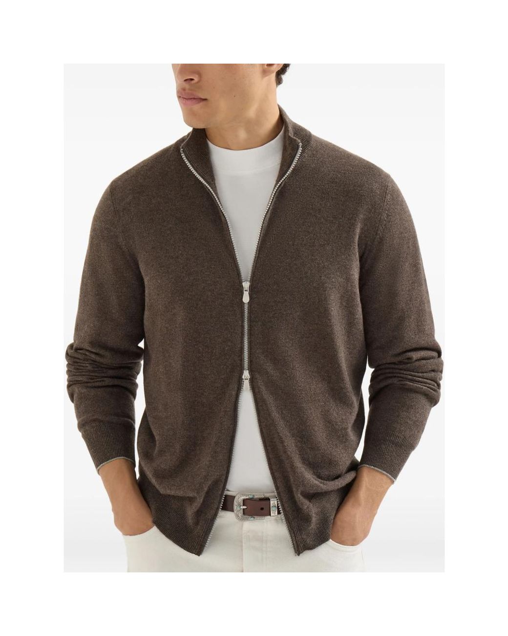Brunello Cucinelli Brown Cashmere High-Neck Cardigan With Zipper for men