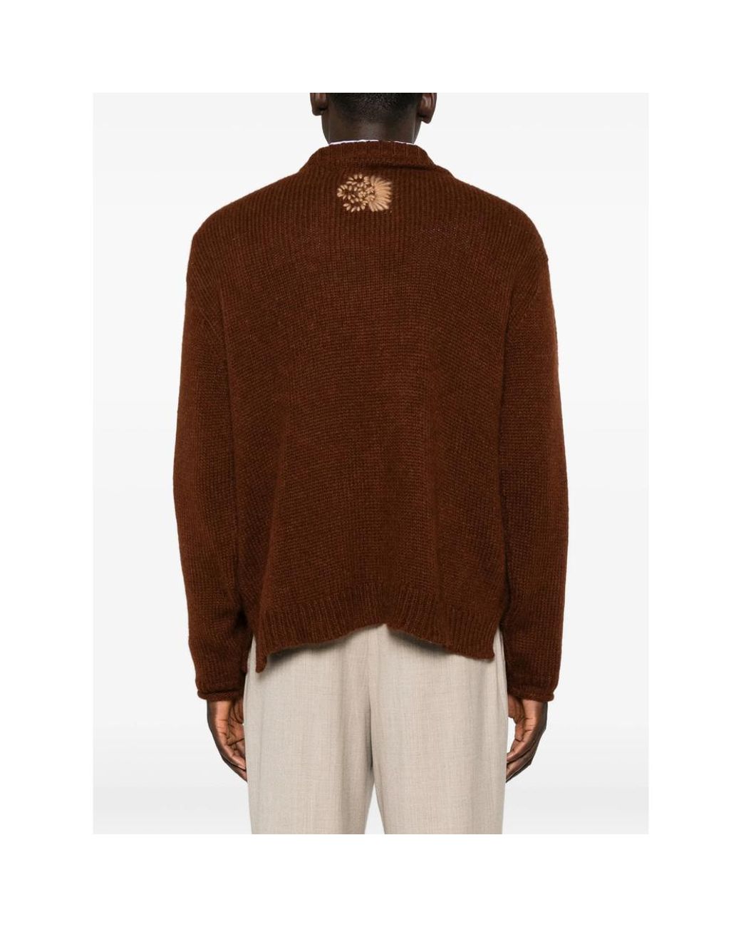 BAZISZT Brown Floral-Embroidered Chunky-Knit Sweater for men