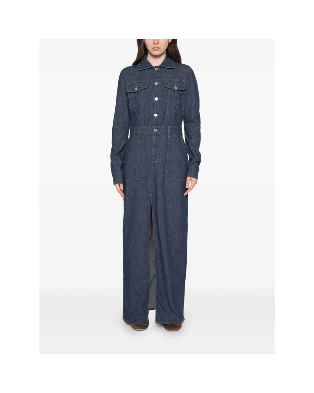 7 For All Mankind Blue Utility Front-Slit Maxi Denim Dress