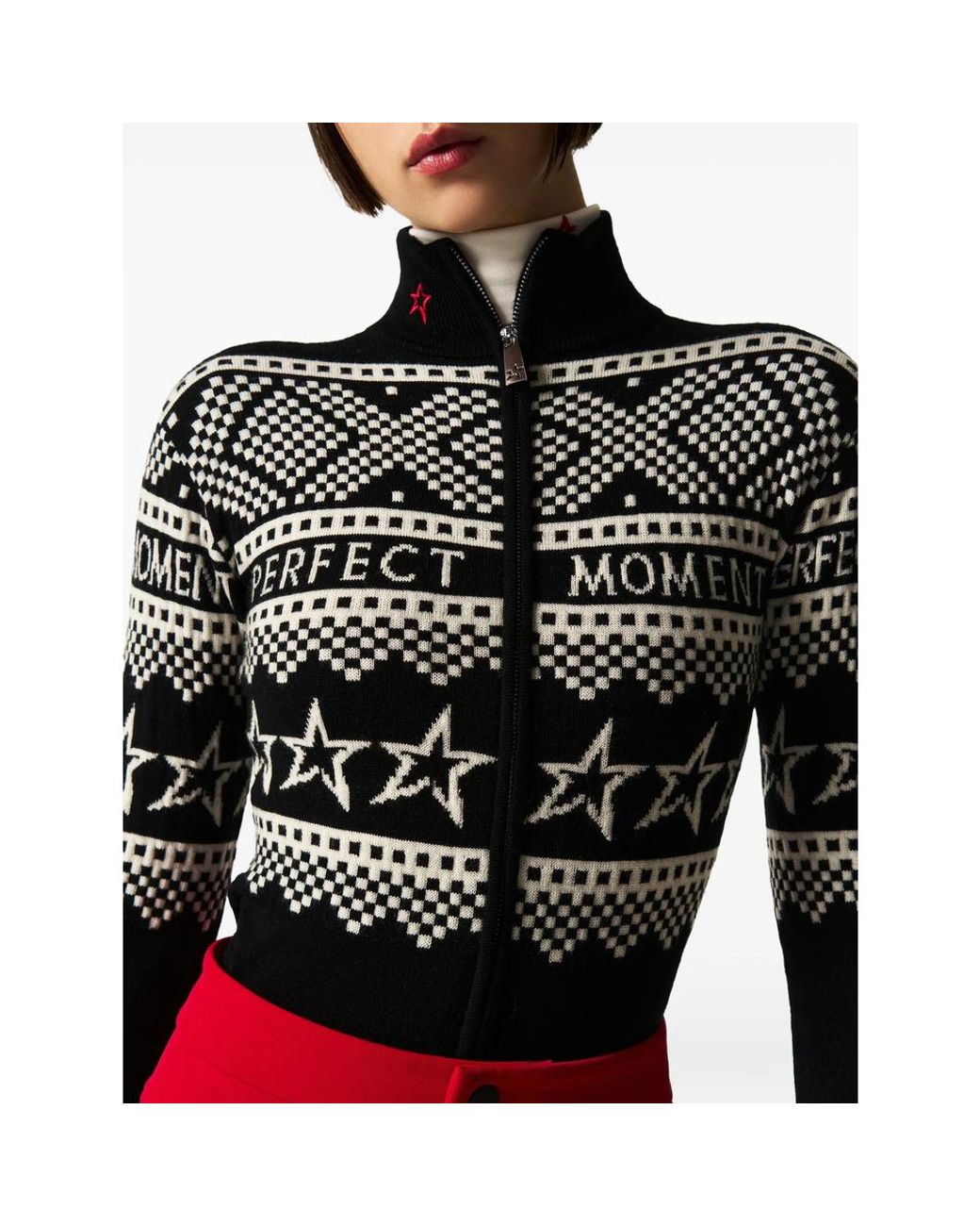 Perfect Moment Black Merino Wool Intarsia-Knit Mock-Neck Bodysuit With Partial Zip Closure And Long Sleeves