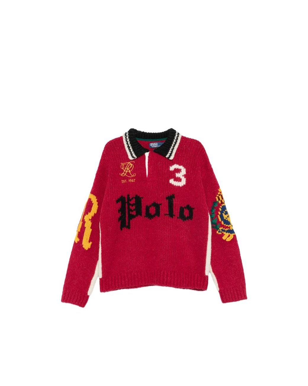 Ralph Lauren Red Logo-Intarsia Ribbed-Knit Polo Shirt for men