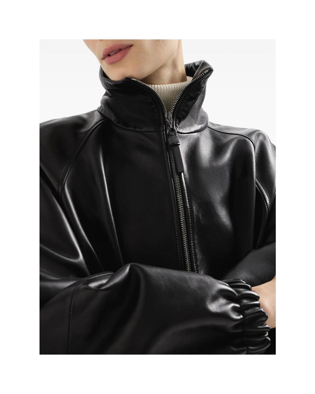 Brunello Cucinelli Black Nappa Leather Bomber Jacket With Monili